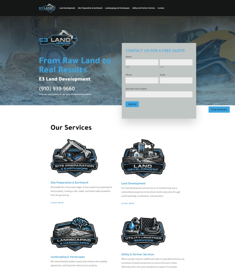 Upper homepage preview of E3 Land Development