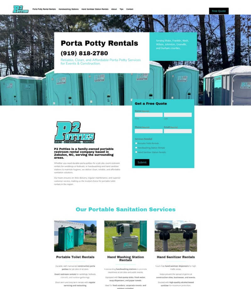 Upper homepage preview of P2 Potties